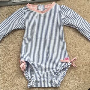 Ruffle Butts Blue and White Striped Bodysuit with Pink Trim